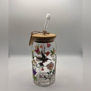 Floral Glass Jar with Bamboo Lid and Straw